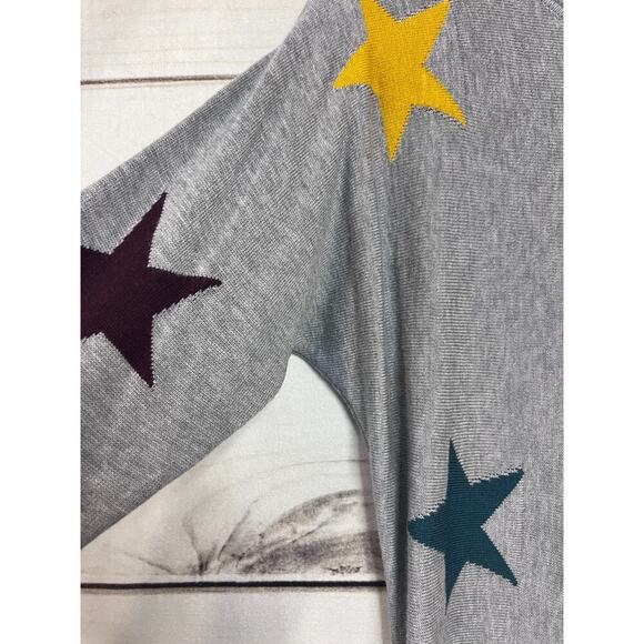 Rachel Zoe Gray Sweater with multicolored stars. Size SM 5% cashmere Super Soft - Picture 5 of 6